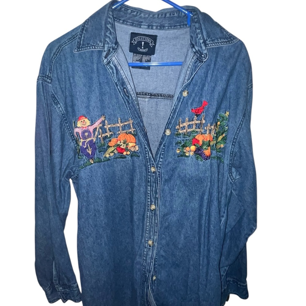 Vintage 90’s Scarecrow Fall Solutions Embroidered Denim Shirt